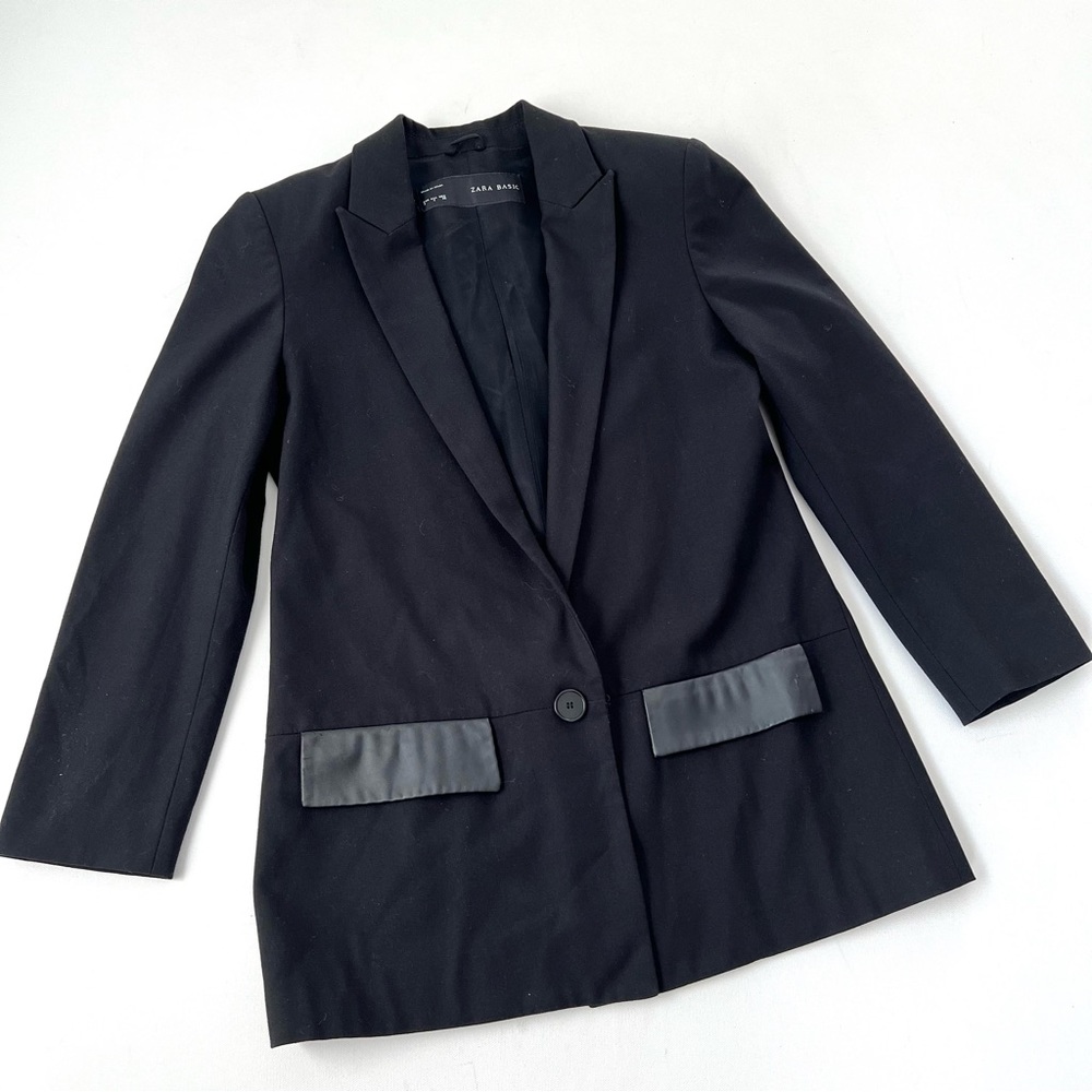 ZARA • Black Blazer Faux Leather Pockets